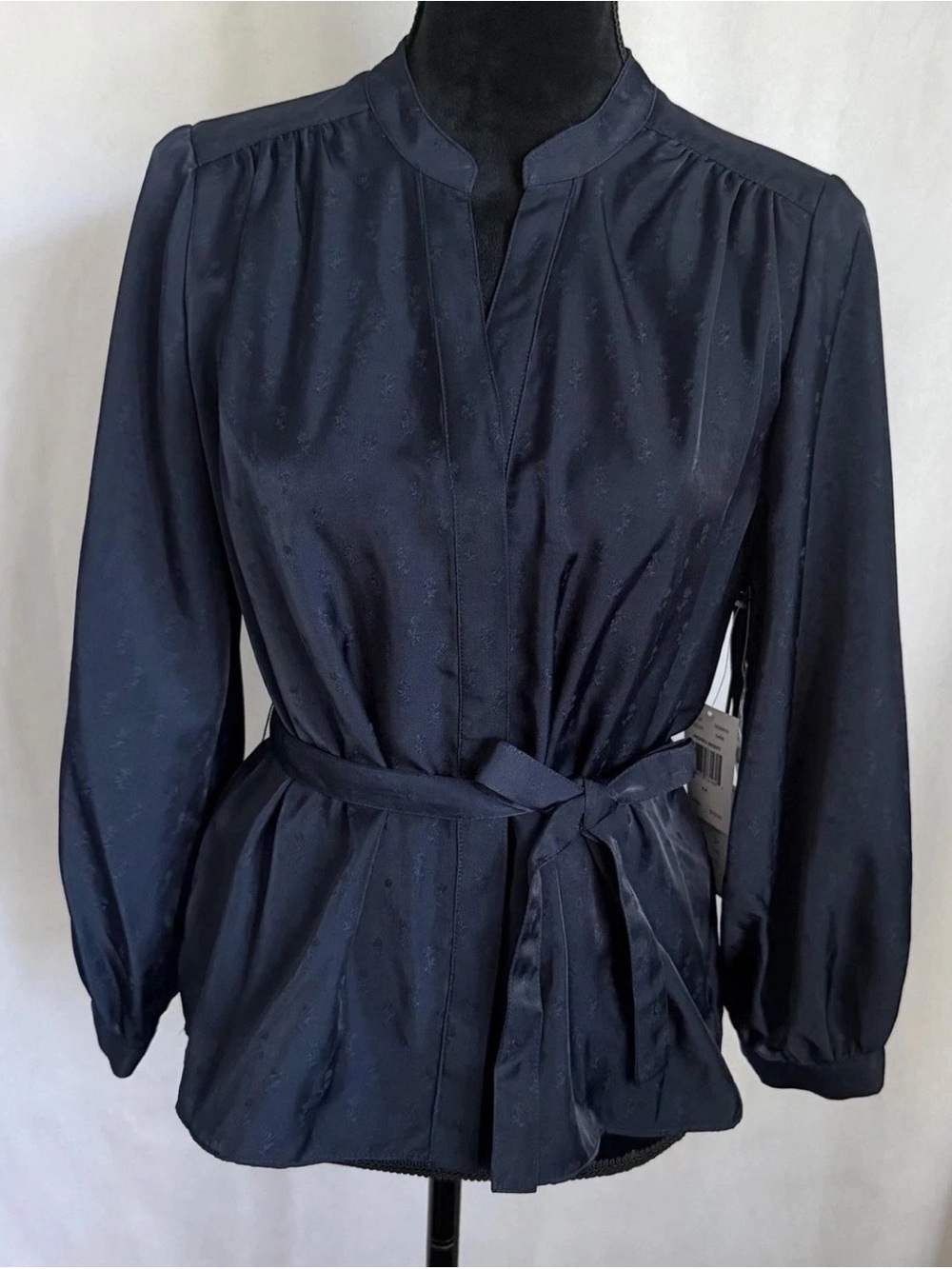1.STATE Blouse Womens M Indigo Night Jacquard Belted V Neck Long Sleeve Office